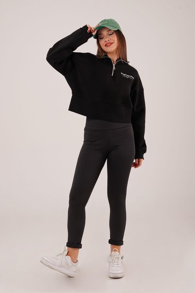 Hipo Trend Sanfrancisco Printed Half Zipper Black Sweatshirt