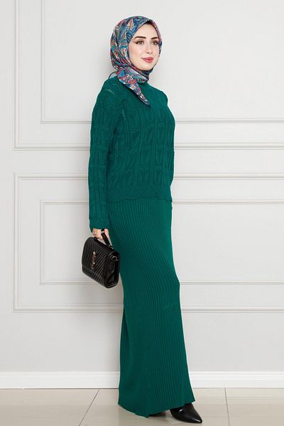 Sevitli Lace Embroidered Gilet Knitwear Set-Emerald Green