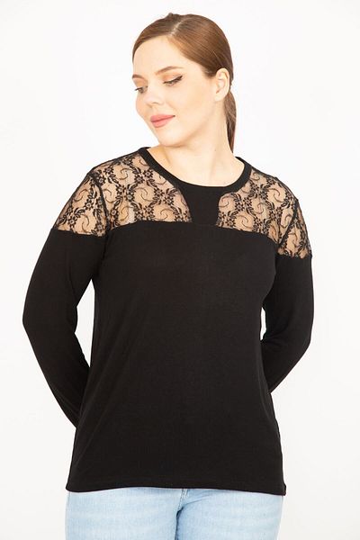 Şans Women's Black Plus Size Lace Garnished Blouse 65n35892