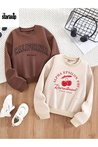 QUEENSTOWN Unisex στήθος με στάμπα 2 τεμαχίων καφέ/μπεζ φούτερ με λαιμόκοψη