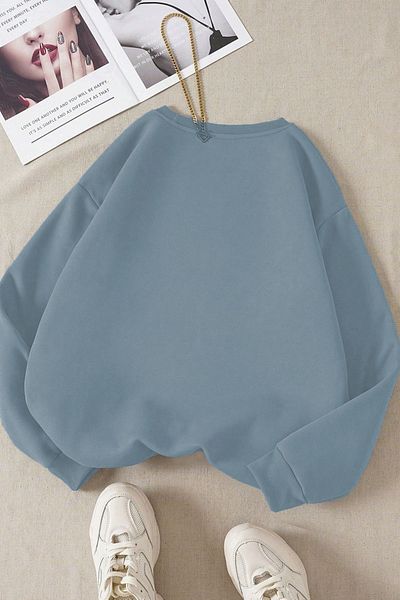 Trendseninle Γυναικείο φούτερ με 3 κλωστές Aqua Blue Plain Crew Neck