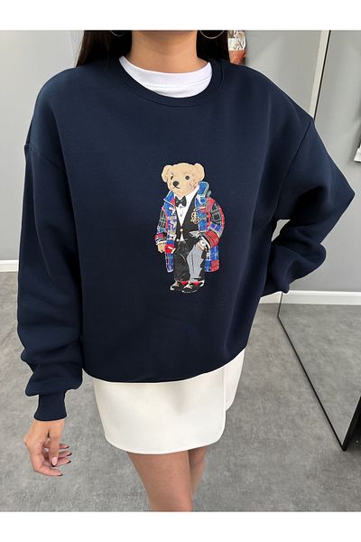 ESRAHELVACI Navy Blue Teddy Bear Printed Sweat