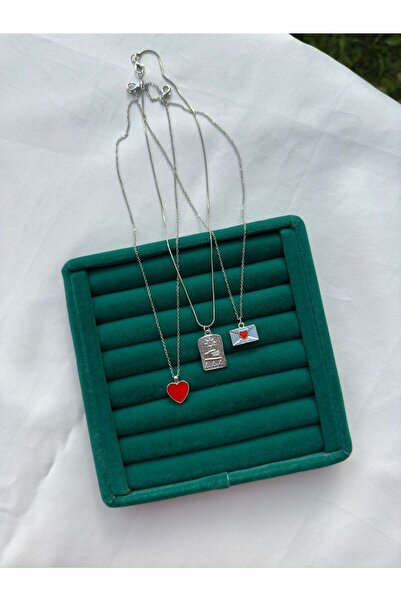 MİOSAPRİVE 316L Kararmaz Çelik Rodyum Kaplama Tarot Kalpli Mektup Zarfı Üçlü Kolye Seti / Kombin Kolye