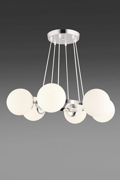 SONSUZ AYDINLATMA&AVİZE Infinite Chrome 6-Piece Ring White Globe Glass Modern Chandelier