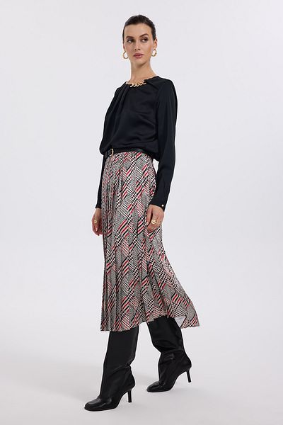 Ekol Red Patterned Pleated Skirt