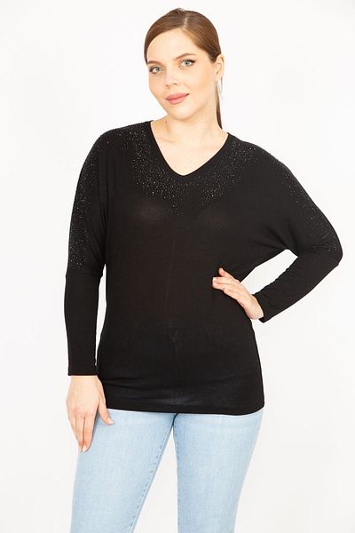 Şans Women's Black Plus Size Stone Detailed V-Neck Blouse 65n35895