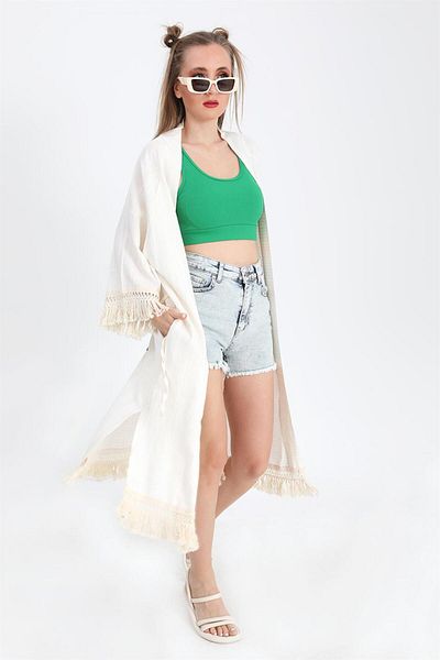 Moka Shopin Ecru Color Mokashopin Kimono - Palm Print and Tassels