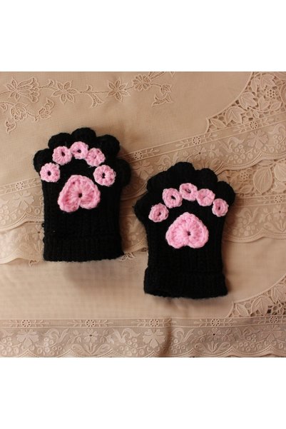 TRENDİN YOLU Handmade Black Paw Korean Style Gloves Fingerless Model Winter