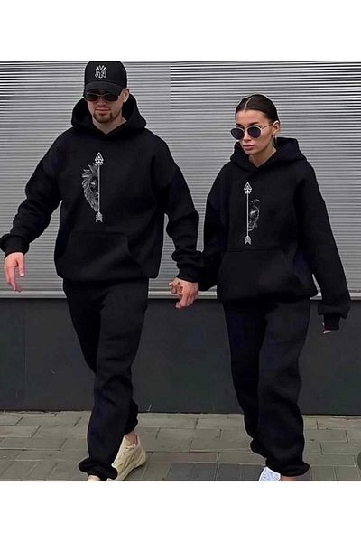 Hunors Sportswear & Company Unisex Women Men Lover Couple Combination Lion and Arrow Printed 2-Piece Top and Bottom Tracksuit Set