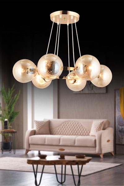 SONSUZ AYDINLATMA&AVİZE Infinite Gold 6-Piece Ring Honey Globe Glass Modern Chandelier