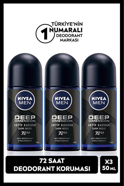 NIVEA Men Erkek Roll-on Deodorant Deep Dimension 50ml, 48 Saat Koruma, X3 Adet