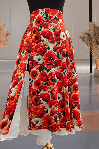 Due Stelle Şifon Detaylı Yırtmaçlı Tango Eteği - Ön ve Arka Yırtmaçlı Hareketli Tasarım