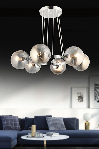 SONSUZ AYDINLATMA&AVİZE Infinite Chrome 6-Piece Ring Smoked Globe Glass Modern Chandelier