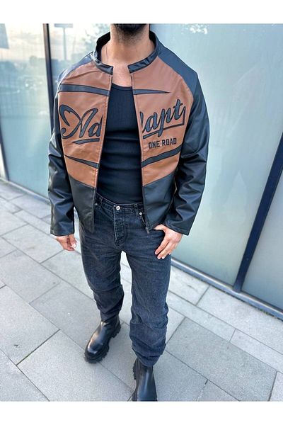 elkumoda College Jacket Bomber Jacket Δερμάτινο παλτό Oversize με τσέπες με φερμουάρ Δερμάτινο μπουφάν