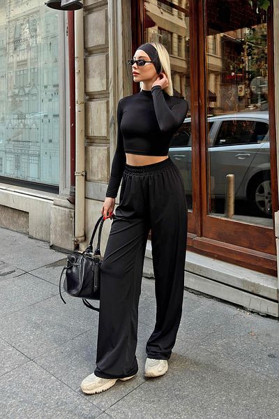Swist Fekete Ced Half Fisherman Crop blúz-nadrág női sandy szövetű alsó felső szett