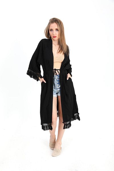 Moka Shopin Black Mokashopin Kimono - Palm Print and Tassels
