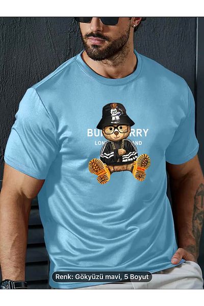 NEW TRENDY COLLECTİON Casual Bear Print T-Shirt for Men - Stretchy, Comfortable Crew Neck T-Shirt for Summer