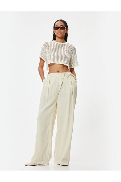 Koton Linen Viscose Mix - Double Breasted Wide Leg Trousers with Pockets