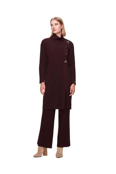 MISS DALIDA Claret Red Thick Corded Wide Leg Knitwear Trousers T25K-7008