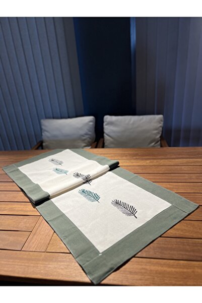 Bener Concept Yaprak Desenli Biyeli Taş Baskı Keten Runner