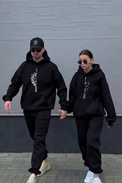 LELVANİ طقم بدلة رياضية بغطاء للرأس بتصميم عادي مطبوع عليه أزواج الأسد