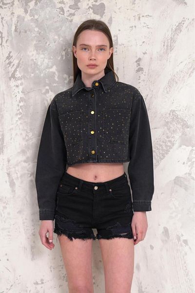ZAROLİ Jachetă de denim crop pentru femei cu detaliu de piatră