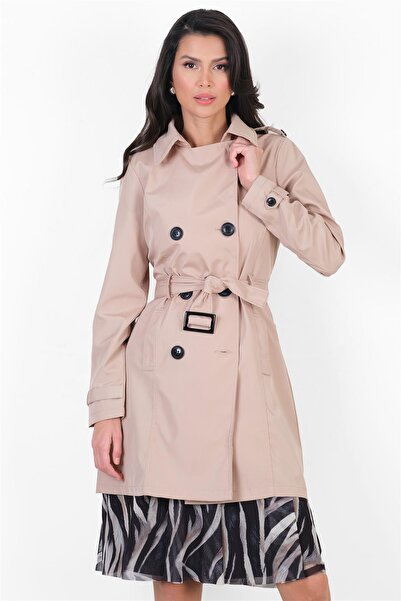 Spazio Pallaske Kruvaze Yaka Kuşaklı Cepli Trençkot TAŞ