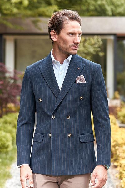 İmza Тъмносиньо раирано - Релефно сако с двойно закопчаване, Slim Fit, Класическо 1002240159
