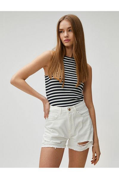 Koton Denim Shorts Ripped Detail High Waist Pocket