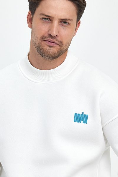 COMBİNE MİCHAİL Men's Embroidered Oversize Sweatshirt - Throat, Ecru