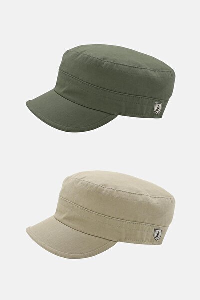 Külah Erkek Fidel Castro Şapka 2li Kep Rozet Detaylı Kasket - Haki/Bej