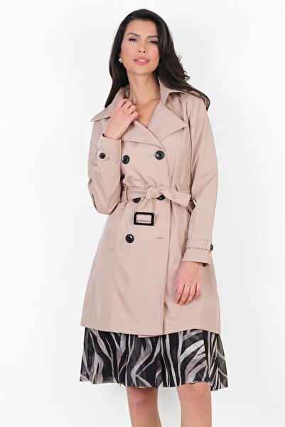 Spazio Pallaske Kruvaze Yaka Kuşaklı Cepli Trençkot TAŞ