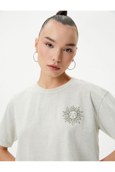 Koton Short Sleeve T-Shirt Crew Neck Embroidery Detailed Comfortable Fit Cotton