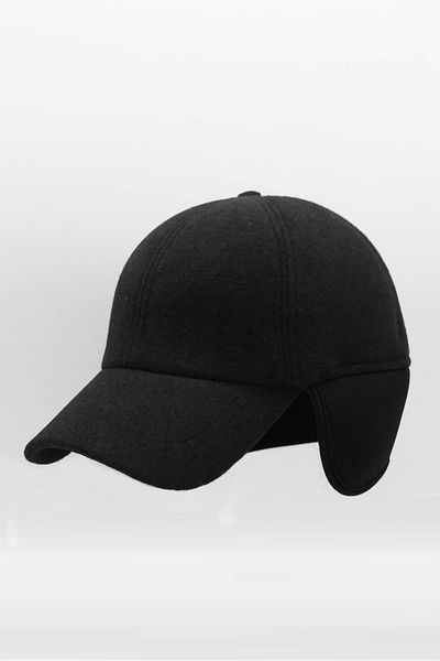 Külah Men's Black Wool Winter Ear Cap Baseball Hat