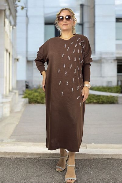 yagmurberen Stone Embroidered Drop Patterned Low Sleeve Extra Large Size Knitwear Dress