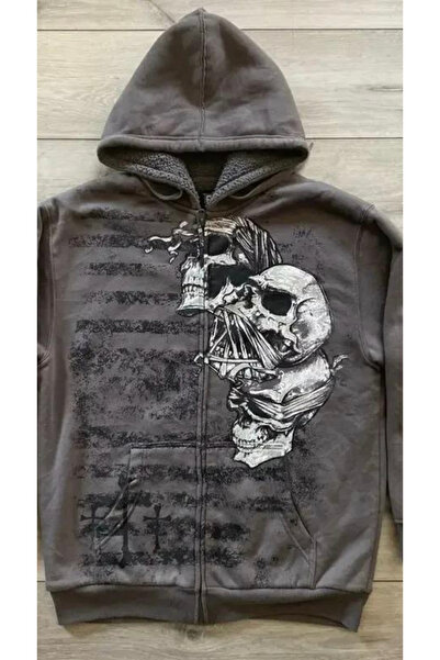 Köstebek Gothic Skulls Skull Printed Hoodie με φερμουάρ