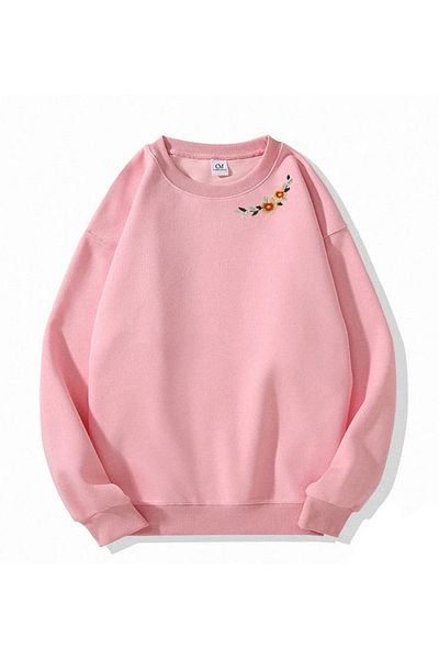 COMBİNE MİCHAİL Long Sleeve Flower Embroidered Women's Sweatshirt - Pink