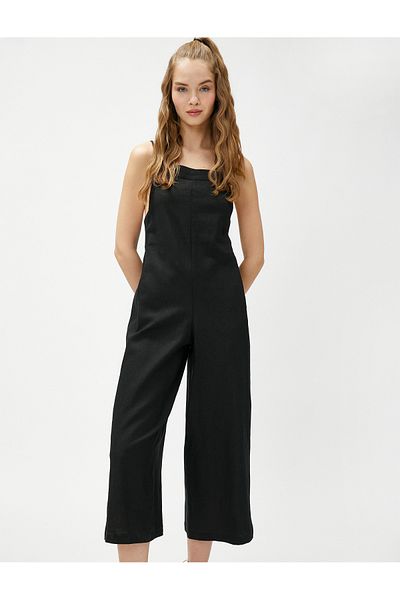Koton Overall mit weitem Bein, Trägern, quadratischem Kragen und Tasche aus Leinenmischung