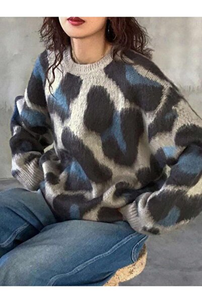 tilvess Kadın  LEOPAR desenli Yumoş Oversize  Triko Kazak