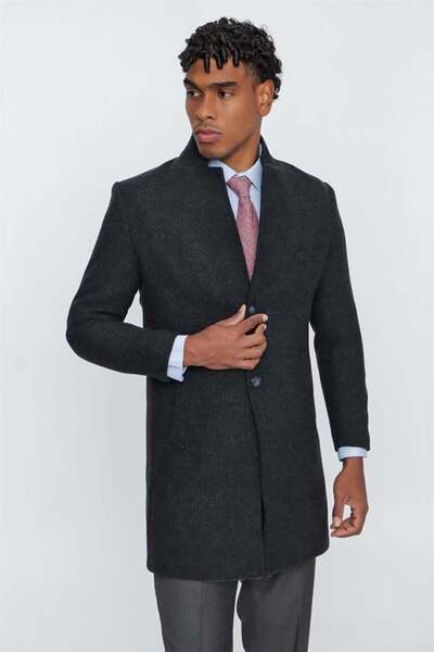 İmza Μαύρο ραμμένο γιακά με μοτίβο μάλλινο σκίσιμο με λεπτή γραμμή κλασικό πανωφόρι 1005225154