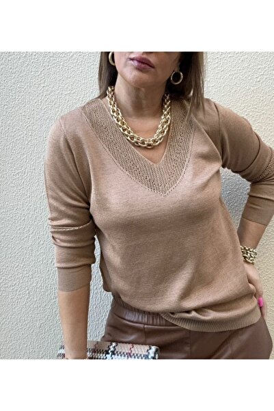 Te&Te Γυναικεία μπλούζα από πλεκτό με λεπτομέρειες σε σχήμα στρας στο λαιμό και τα μανίκια