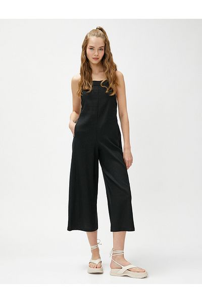 Koton Overall mit weitem Bein, Trägern, quadratischem Kragen und Tasche aus Leinenmischung