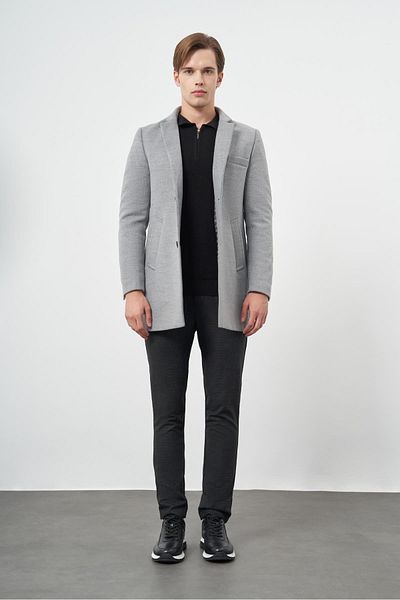 İmza Κλασικό παλτό με γιακά γκρι κασμίρ Slim Fit - Καπιτονέ επένδυση 1008245171