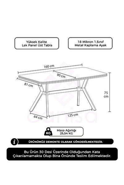 Canisa Lena Serisi 90x160 Lak Panel Antrasit İroni Krom Kaplama Ayaklı Masa