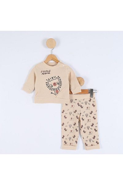 TRENDİMİZBİR Beige Double Suit with Lion Pattern for Baby Boy