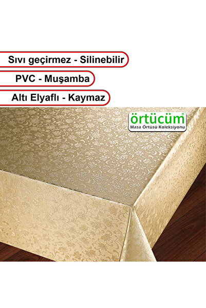 Örtücüm Pvc Astarlı Muşamba Masa Örtüsü Gold Altın Renk Kendinden Desenli Lek...