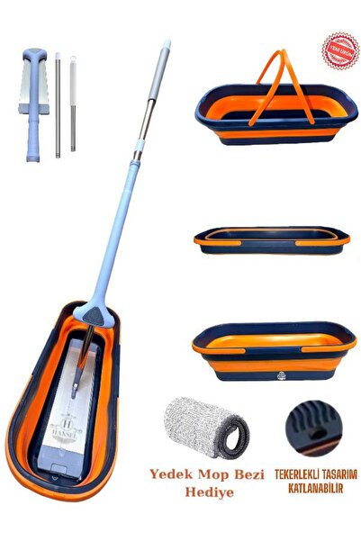Hansel TEKERLEKLİ KATLANIR KOVA VE ÜST KALİTE KENDİNDEN SIKMALI MOP TAKIMI