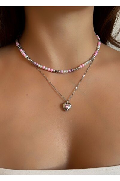 aksesuaris 2-Piece Silver Zircon Heart Pendant Combin