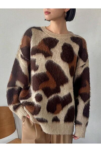 tilvess Kadın  LEOPAR desenli Yumoş Oversize  Triko Kazak