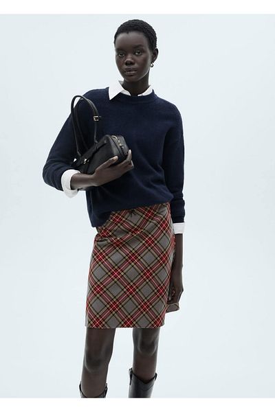 MANGO Woman Plaid Skirt with Lace Trim